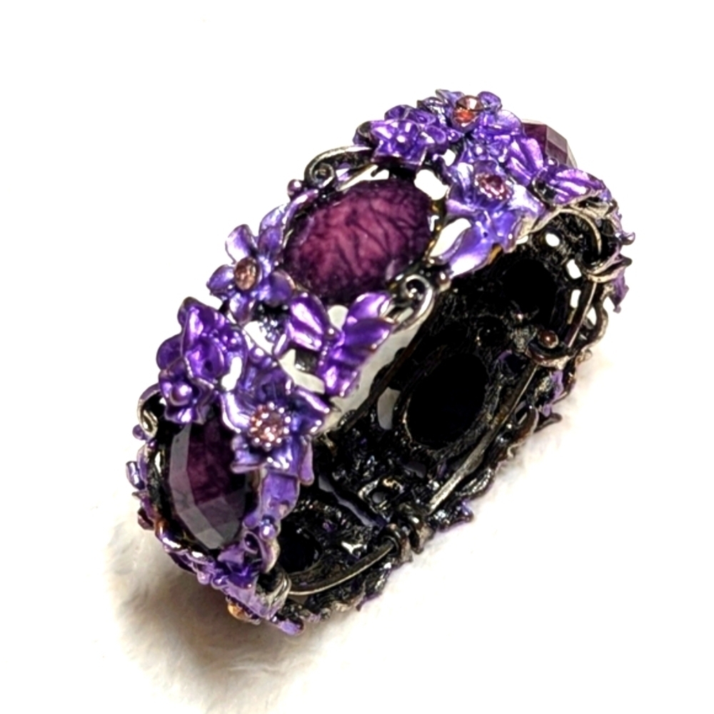 Vintage Purple Enamel Floral Bracelet w/ Pink Rhinestone Accents Wrap Bracelet - Picture 2 of 9